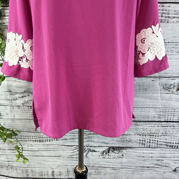 Linea by Louis Dell'Olio Blouse Tunic sz 4 Pink White Lace Boho Wedding Stretch - Picture 6 of 10